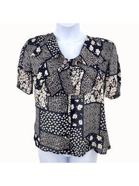 Vintage Fritz & Lloyd Floral Patchwork Blouse Navy Beige Short Slv Ruffle Front